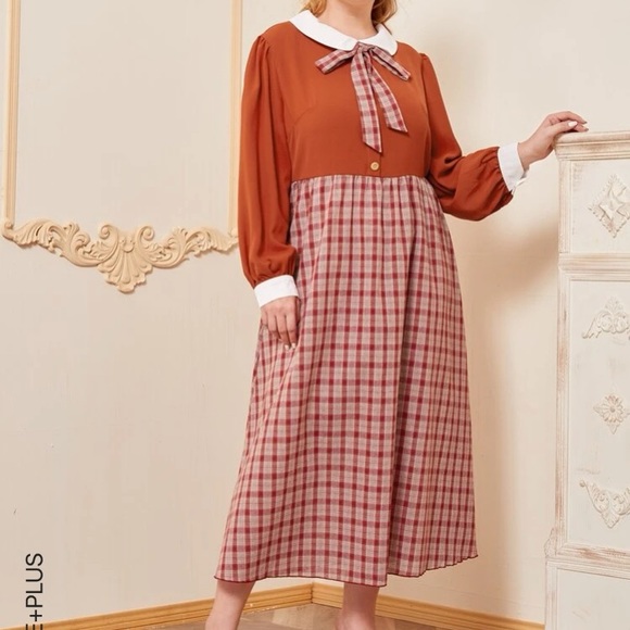 PussyBow Burnt Orange and Plaid Maxi Dress Sz 2x - Picture 6 of 11